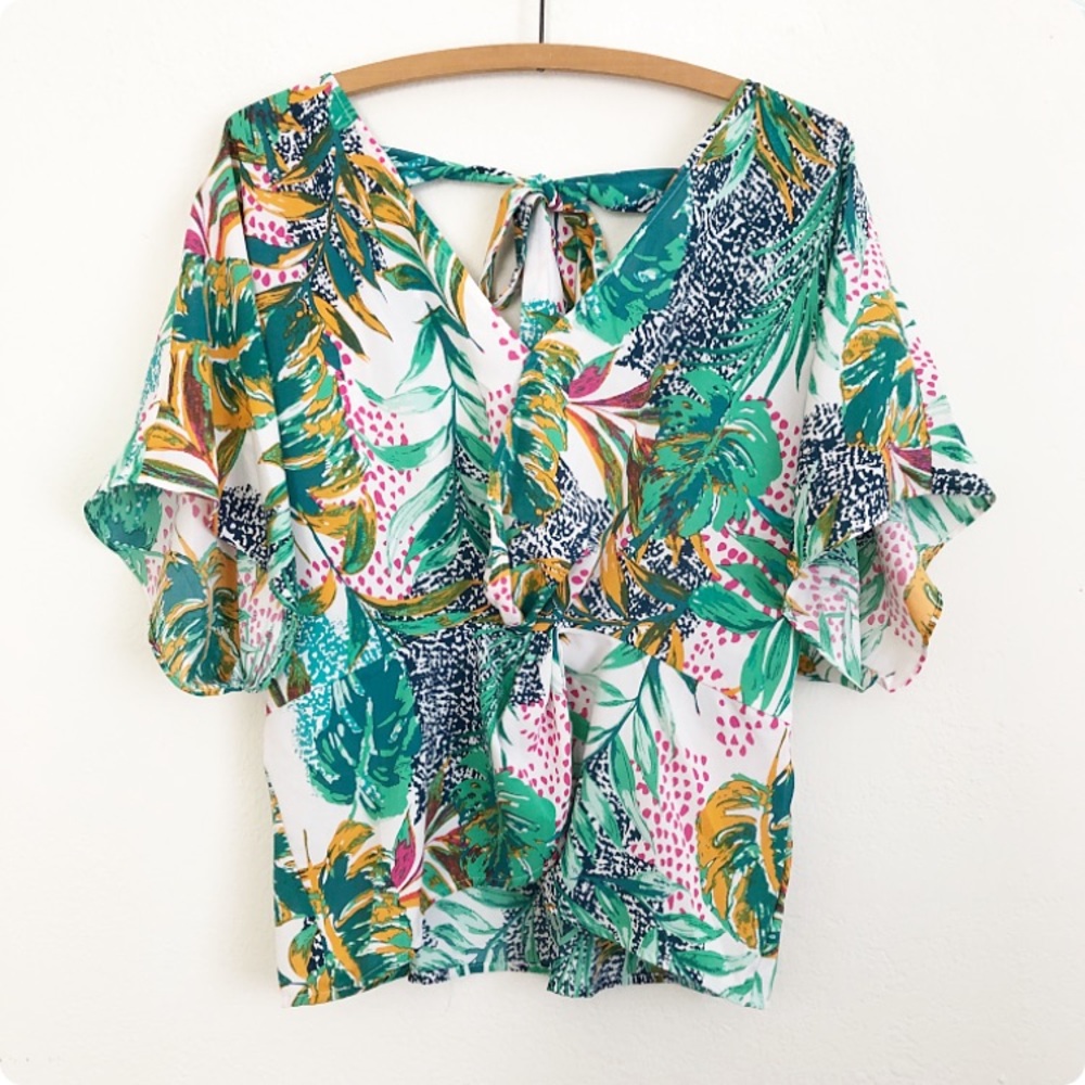 Tropical Foliage Print V-neck Blouse